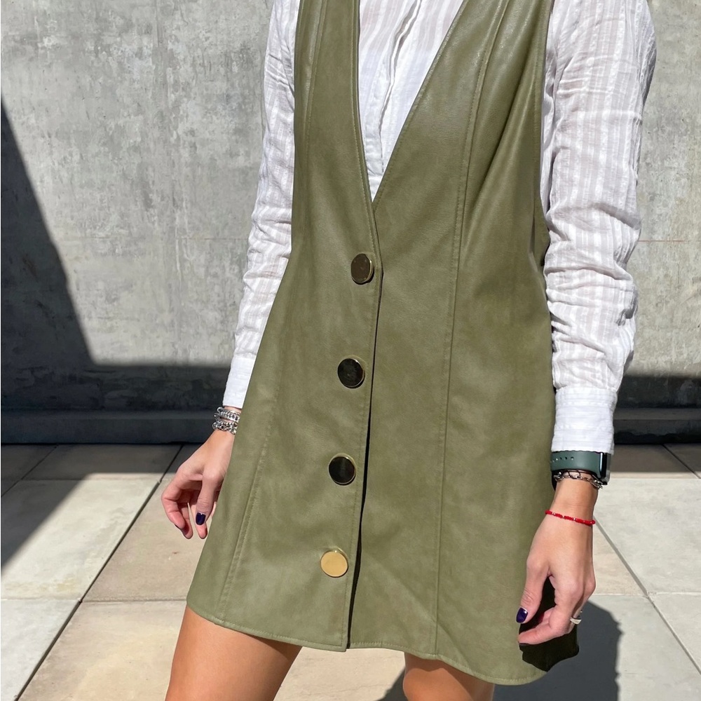 Zara Faux Leather Suede Olive Army Green Sleeveless Mini Dress with Gold Buttons - Picture 2 of 10